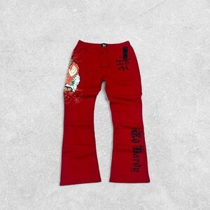 Flare Ed Hardy Red Graphic Sweatpants with Dragon Print